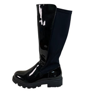 Steve Madden Knee Boots Women Black Patent Shiny Lug Sole Low Heel Block Pull On